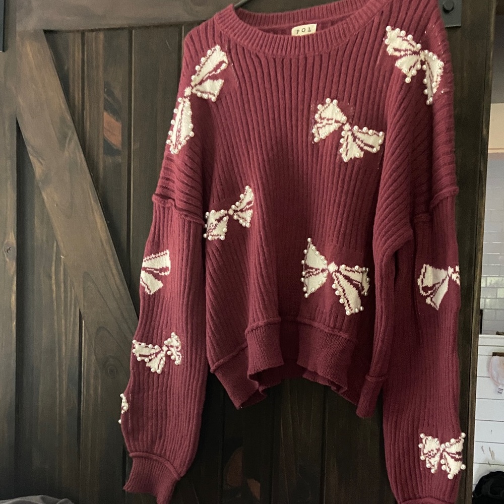 POL Maroon Sweater with Pearl Bow Embellishments